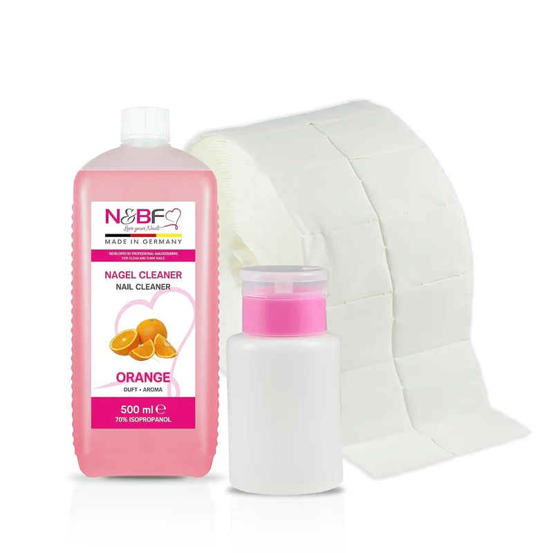 Nagel Cleaner Orange Duft 500ml + Zellettenrolle 1000 Stück & Dispenser Rosa