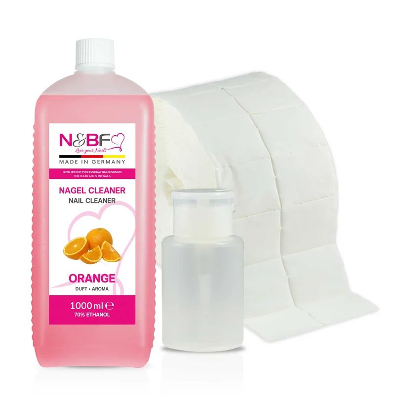 N&BF Nagel Cleaner all for one Orange 1000ml + Zelletten & Dispenser Rosa