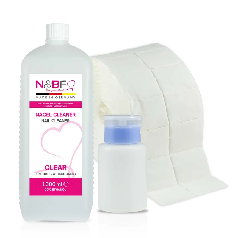N&BF Nagel Cleaner all for one klar 1000ml + Zelletten & Dispenser Blau