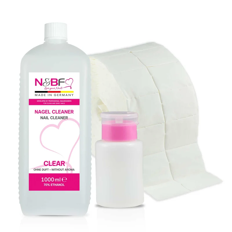 N&BF Nagel Cleaner all for one klar 1000ml + Zelletten & Dispenser Blau