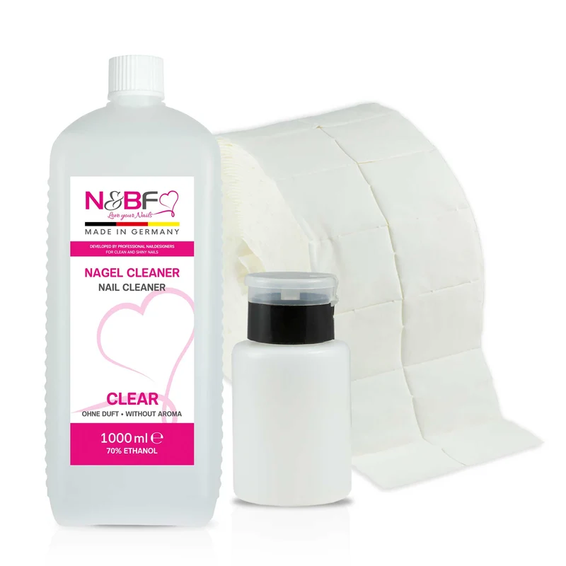 N&BF Nagel Cleaner all for one klar 1000ml + Zelletten & Dispenser Blau