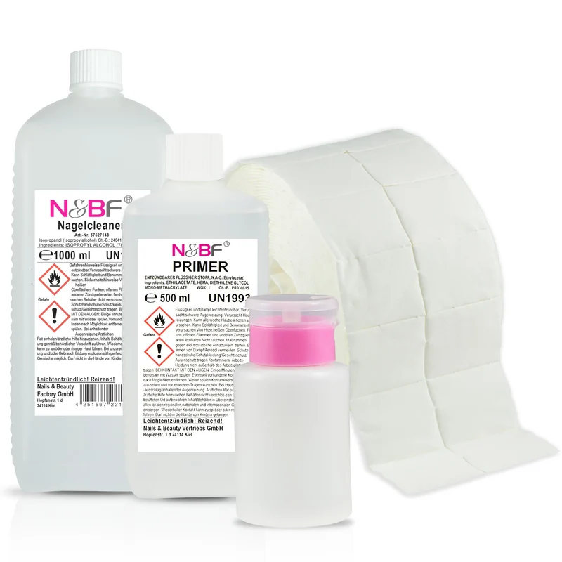 Nagel Cleaner 1000ml + Primer 500ml Dispsenser & Zelletten Set