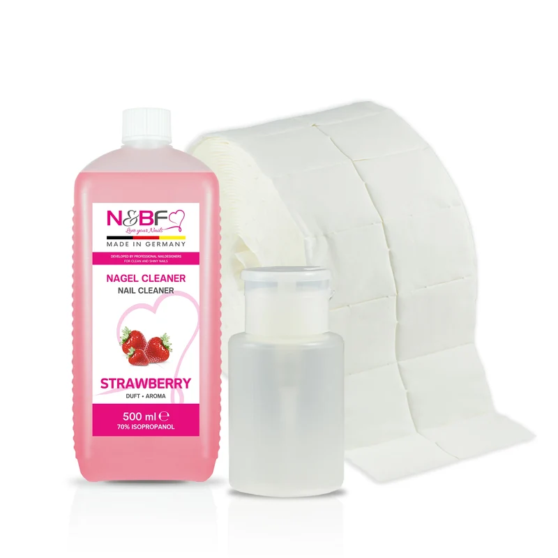 Nagel Cleaner Erdbeer Duft 500ml + Zellettenrolle 1000 Stück & Dispenser Rosa