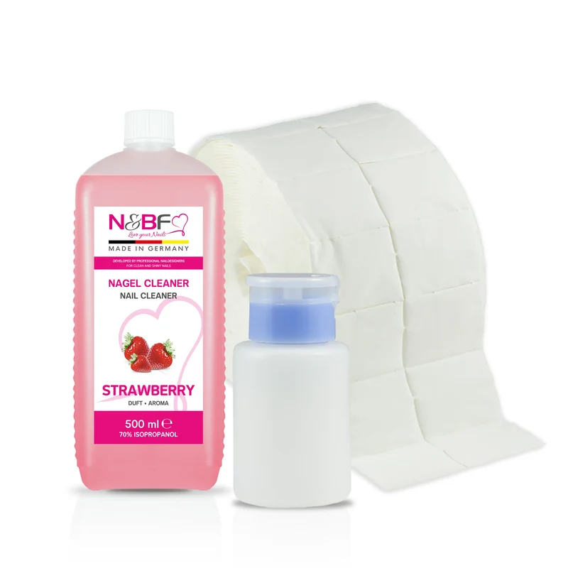 Nagel Cleaner Erdbeer Duft 500ml + Zellettenrolle 1000 Stück & Dispenser Rosa