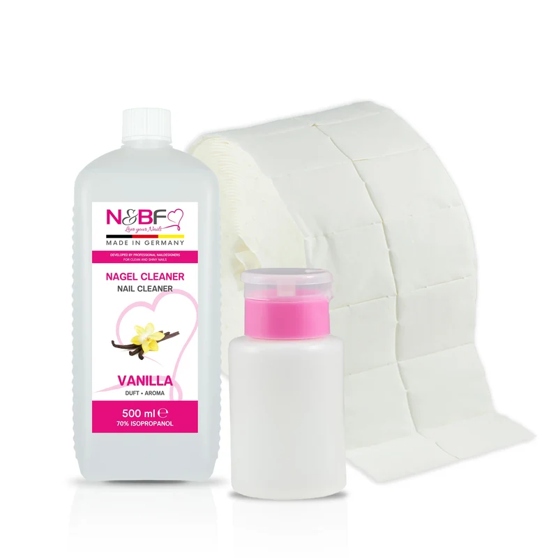 Nagel Cleaner Vanille Duft 500ml + Zellettenrolle 1000 Stück & Dispenser Rosa
