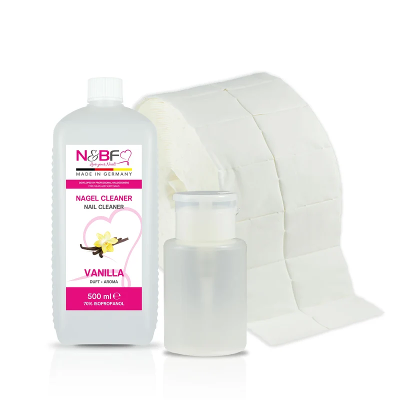 Nagel Cleaner Vanille Duft 500ml + Zellettenrolle 1000 Stück & Dispenser Rosa
