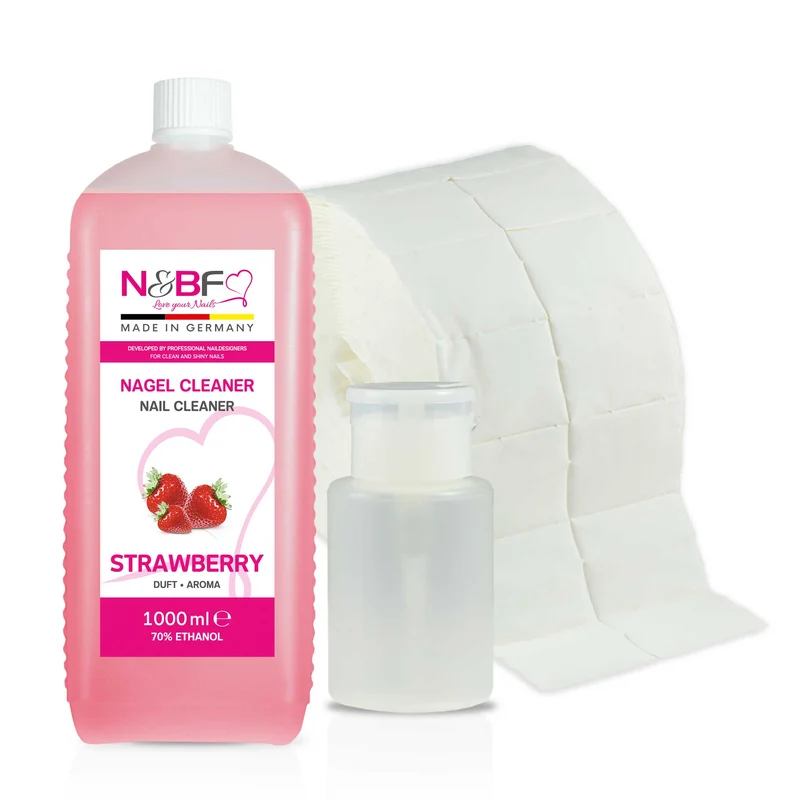 N&BF Nagel Cleaner all for one Erdbeer 1000ml + Zelletten & Dispenser Rosa