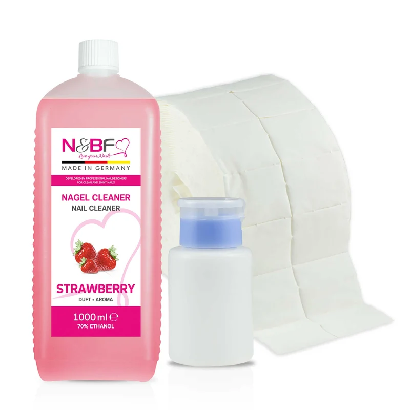 N&BF Nagel Cleaner all for one Erdbeer 1000ml + Zelletten & Dispenser Rosa