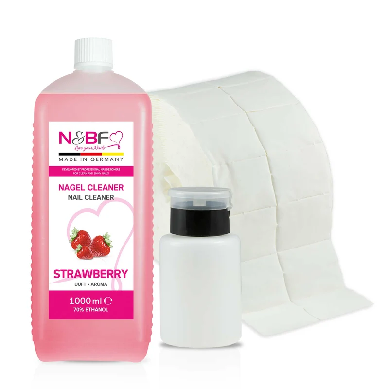 N&BF Nagel Cleaner all for one Erdbeer 1000ml + Zelletten & Dispenser Rosa