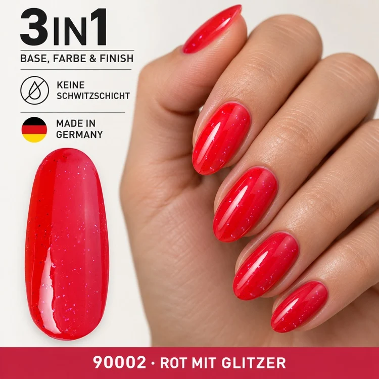 3in1 UV Gellack 90002 – Kräftiges Rosenrot mit rotem Glitzer