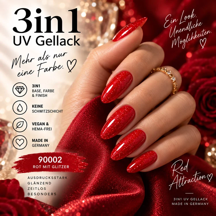 3in1 UV Gellack 90002 – Kräftiges Rosenrot mit rotem Glitzer