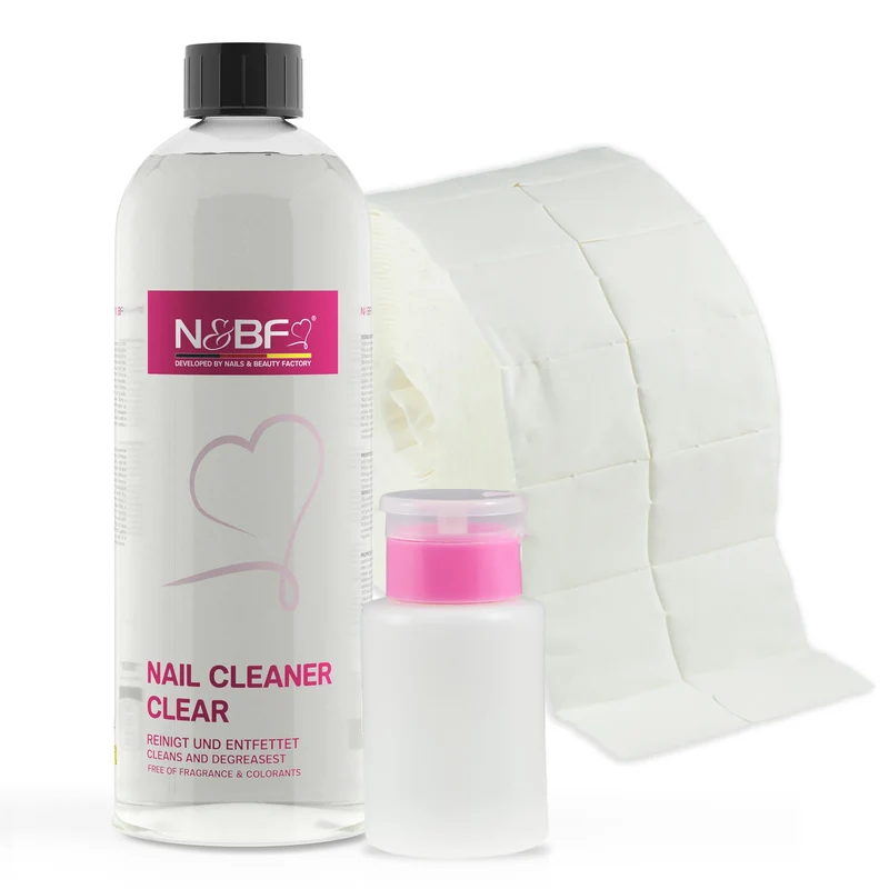 N&BF Nagel Cleaner 1000ml+Zelletten (2x500 Tupfer) & Dispenser Rosa