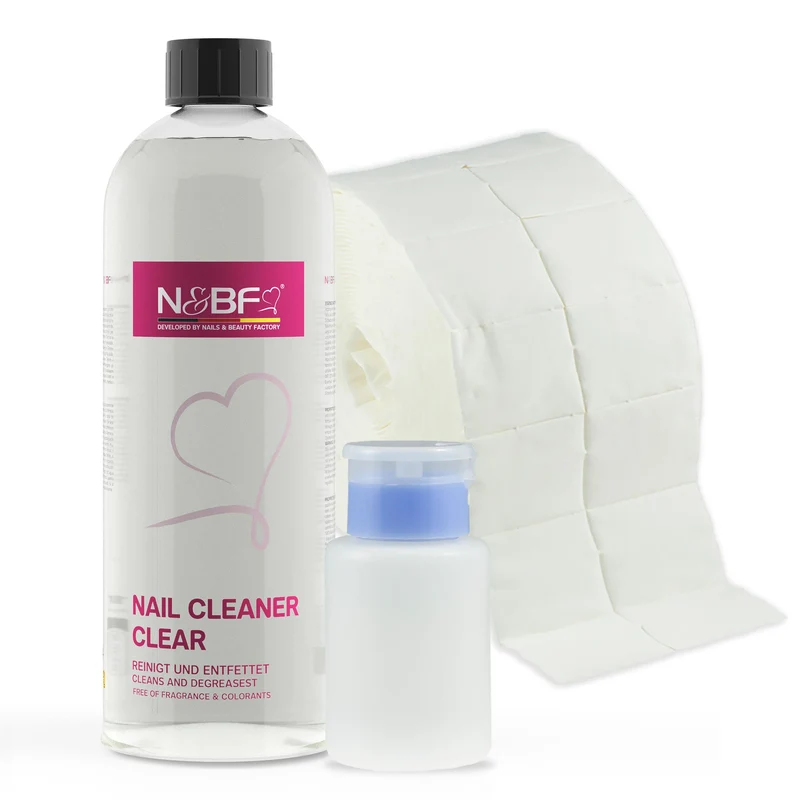 N&BF Nagel Cleaner 1000ml+Zelletten (2x500 Tupfer) & Dispenser Rosa