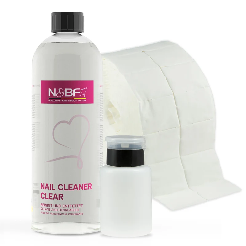 N&BF Nagel Cleaner 1000ml+Zelletten (2x500 Tupfer) & Dispenser Rosa
