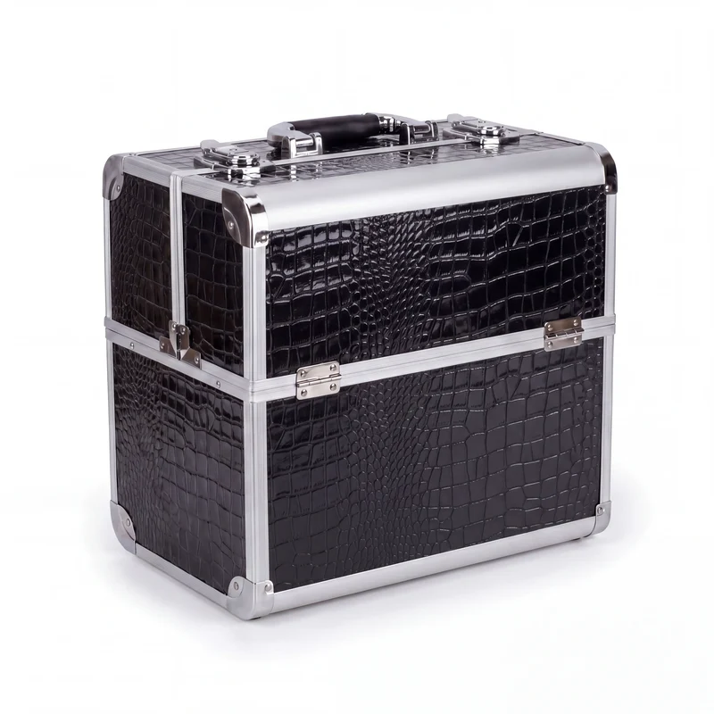 Kosmetikkoffer Aluminium Schwarz Croco Design Rund