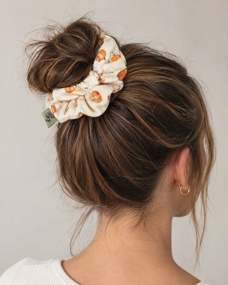 Halloween Pumpkin, bows & ghosts safety zip scrunchie