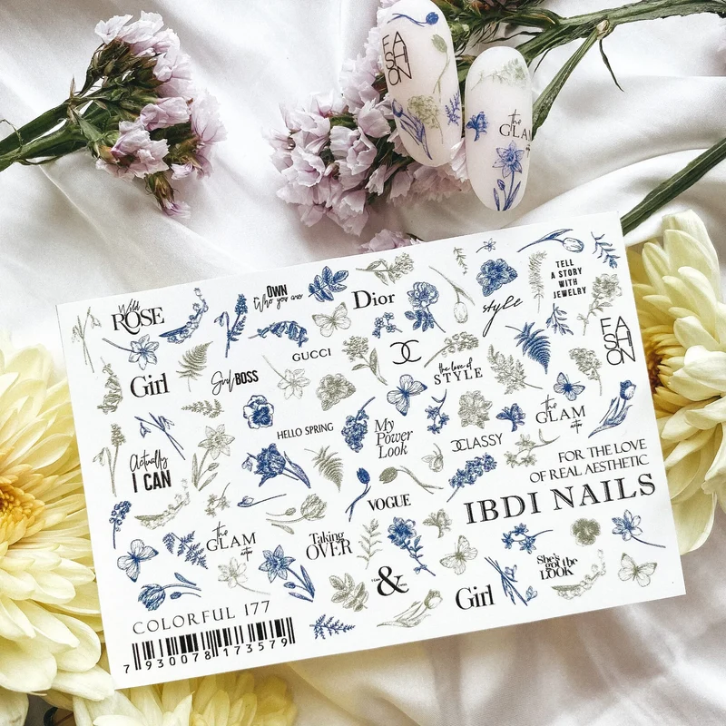 IBDI fashion designer flower nail decals / sliders #Colorful 177