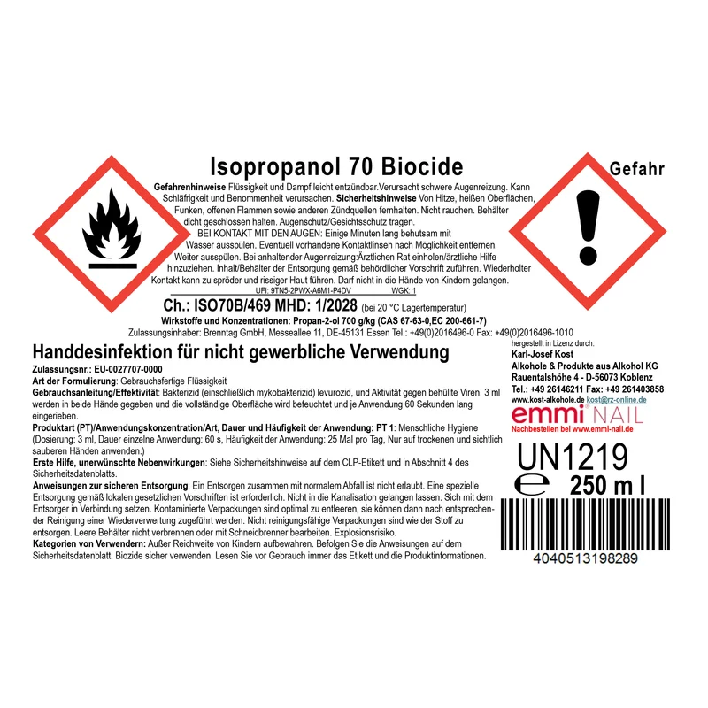 Isopropanol 70 Biocide Haut- und Handdesinfektion 250ml