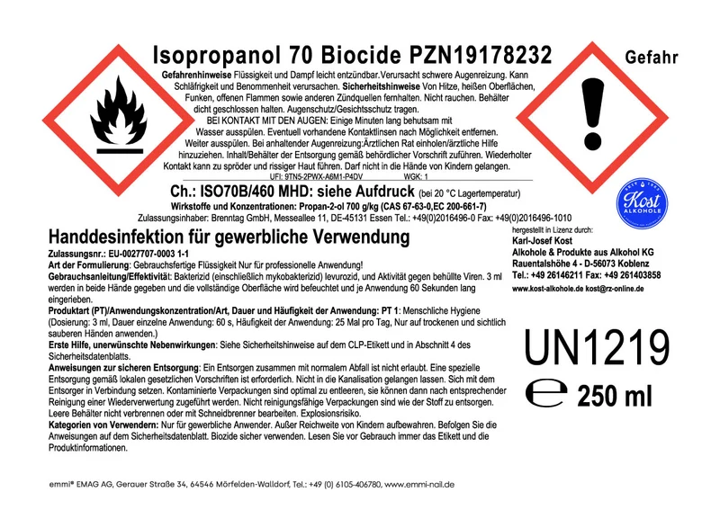 Isopropanol 70 Biocide Haut und Handdesinfektion 250ml