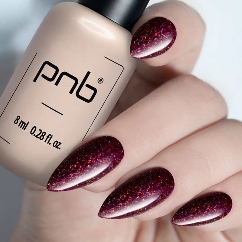 PNB red glitter gel polish 374 Сrazy Bordeaux