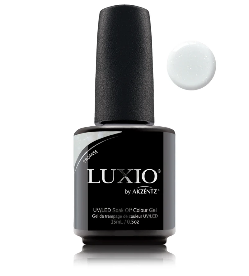Luxio Promise White gel nail polish with glitter
