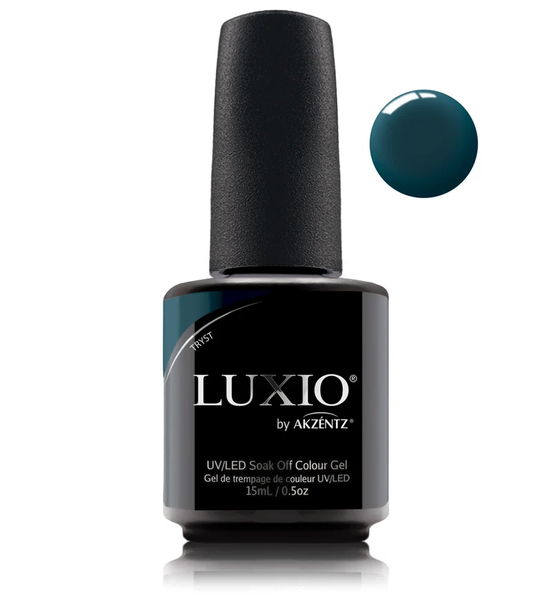 Luxio Tryst Green gel nail polish with shimmer