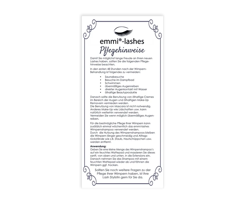 emmi-Lashes Flyer Pflegehinweise