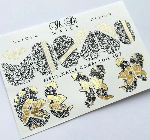 IBDI Combi Foil abstract flower gold and black nail decals / sliders #Combi Foil 107