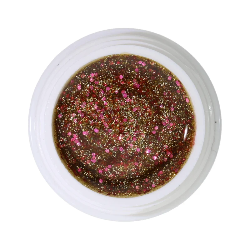 #288 Premium-GLITTER Color Gel 5ml Klares Gel mit orangem Glitter akzentuiert mit grobem pinkfarbenem Glitter und kupferfarbenen Glitterfäden
