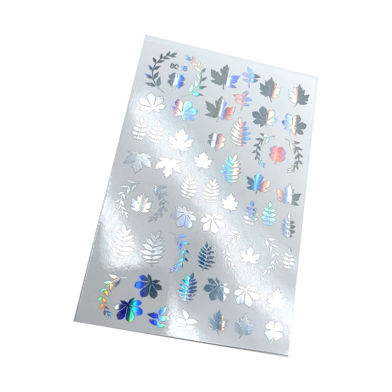 INKVICTUS Autumn leaf nail decals / sliders silver holographic foil 8026