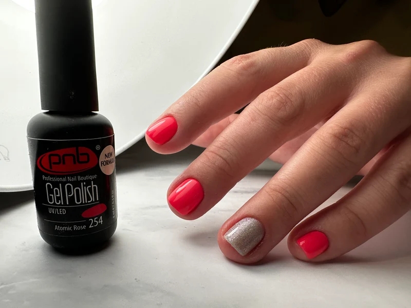 PNB bright pink coral gel nail polish 254 Atomic Rose