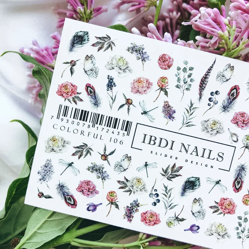 IBDI Flower & Feather nail decals / sliders #Colorful 106