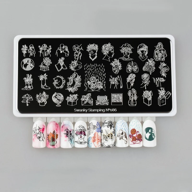 Swanky Stamping Flower faces heads outline nail stamping plates 086