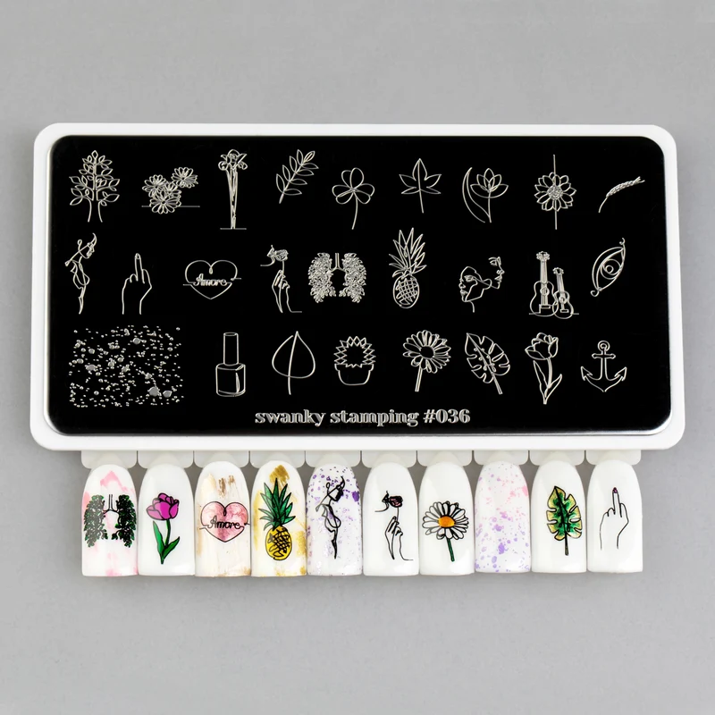 Swanky Stamping leaf, fruit, flower, heart, pineapple nail stamping plates 036