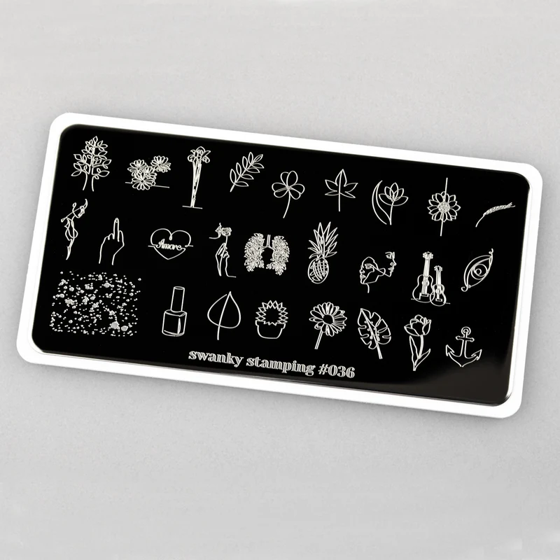 Swanky Stamping leaf, fruit, flower, heart, pineapple nail stamping plates 036