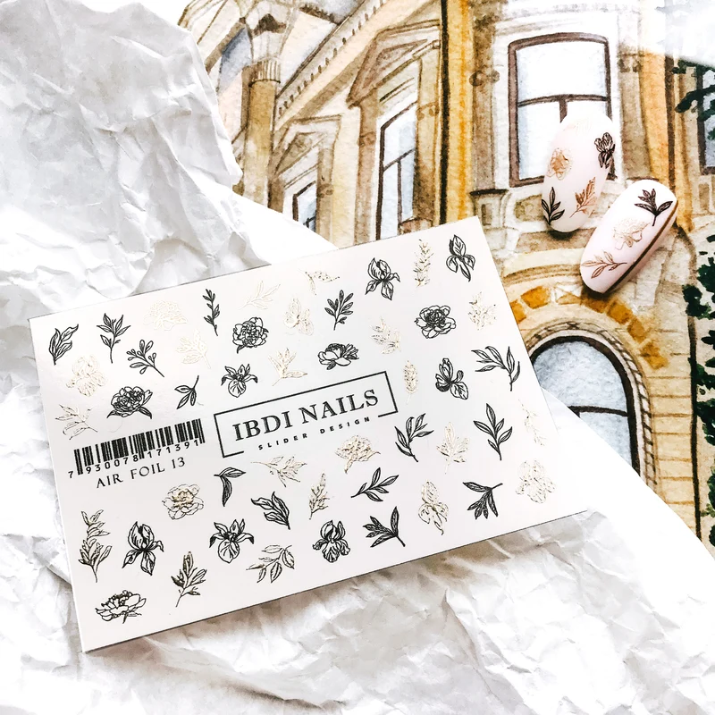 IBDI Gold foil leaf and flower nail decals / sliders #Air Foil 13