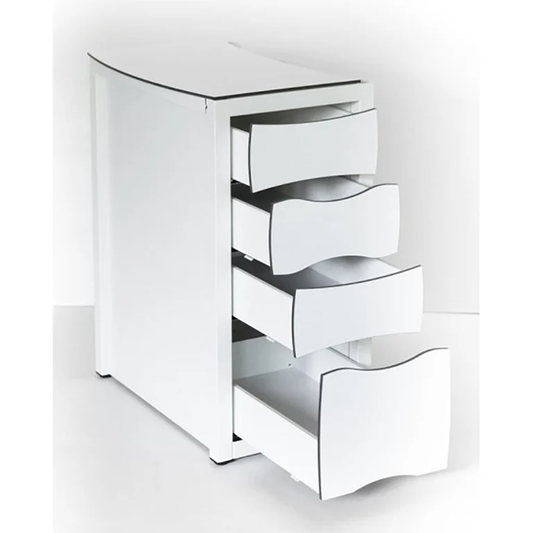 Nageltisch mit halbrunden Anbauschrank mit 2 drehbaren Regalen und eckigen Anbauschrank mit 4 Schubladen Modell "FantasTisch"