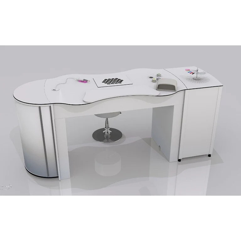 Nageltisch mit halbrunden Anbauschrank mit 2 drehbaren Regalen und eckigen Anbauschrank mit 4 Schubladen Modell "FantasTisch"