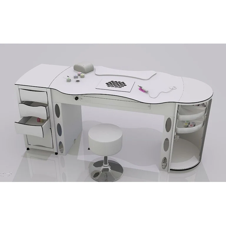 Nageltisch mit halbrunden Anbauschrank mit 2 drehbaren Regalen und eckigen Anbauschrank mit 4 Schubladen Modell "FantasTisch"