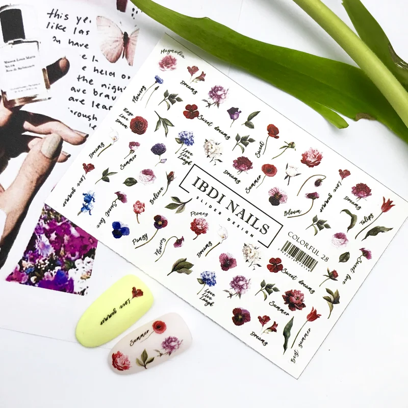 IBDI Flowers and Rose nail decals / sliders Colorful 28