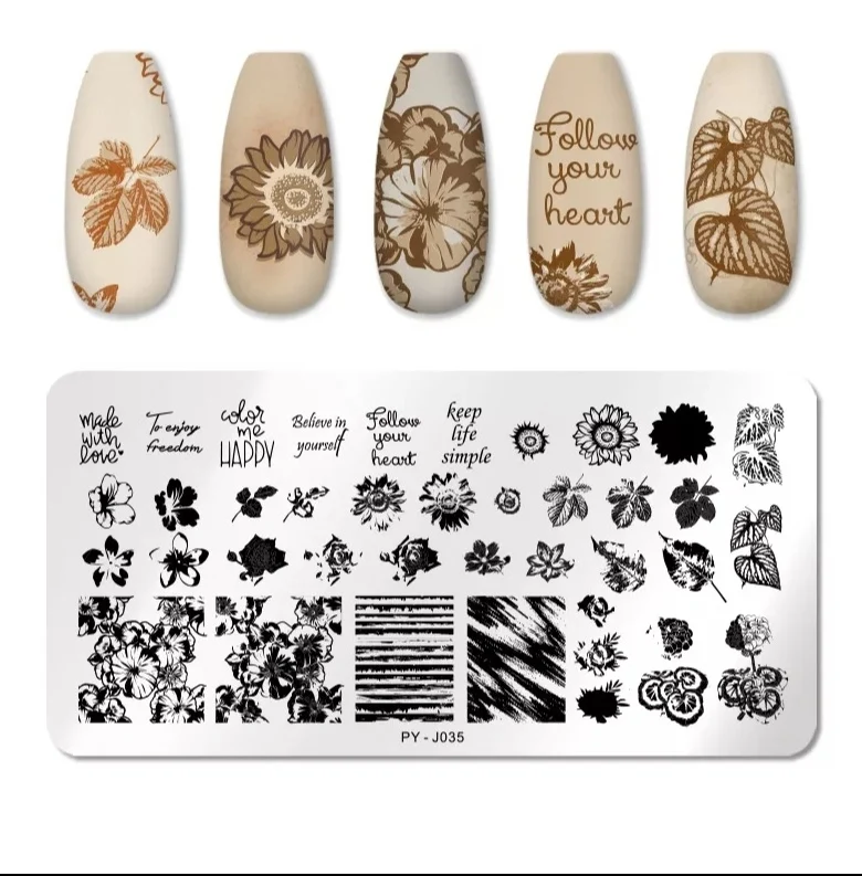 Stamping Platte Schablone Blätter und Texte PY-J035