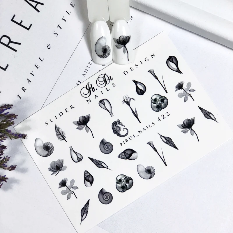 IBDI B&W leafs and flowers nail decals / sliders #422