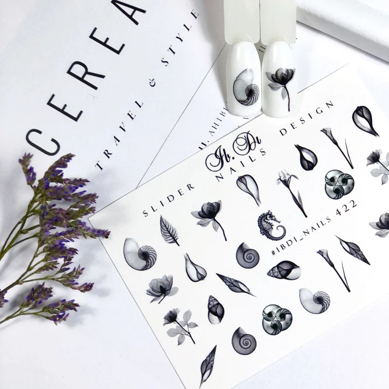 IBDI B&W leafs and flowers nail decals / sliders #422