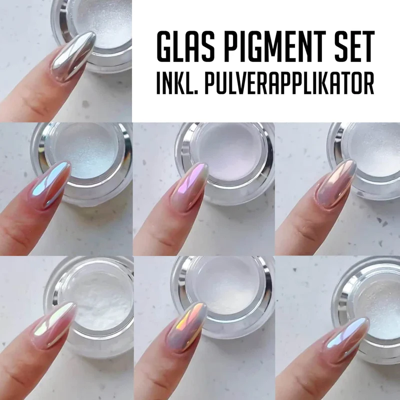 SET GLAZED NAILS Glas Pigment 7st x 2g inkl. Pulverapplikator