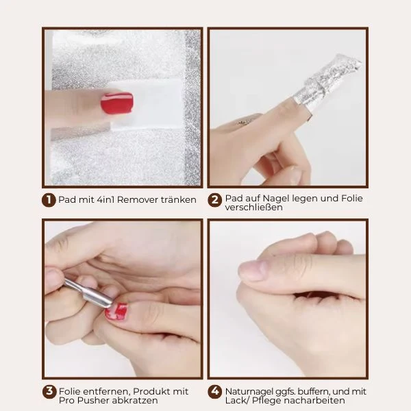 Gel Entferner Set – 4in1 Remover mit Panthenol + 50 Alu-Wraps