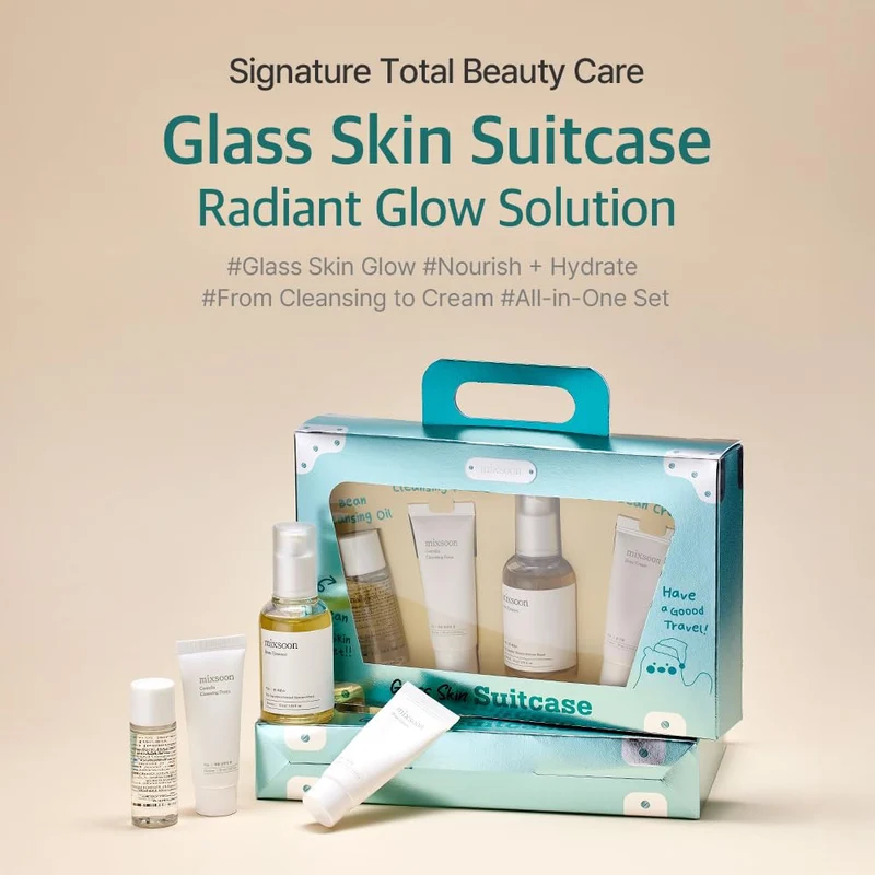Mixsoon Glass Skin Suitcase – Travel Skincare Set with Bean Cleansing Oil, Centella Foam, Essence and Cream