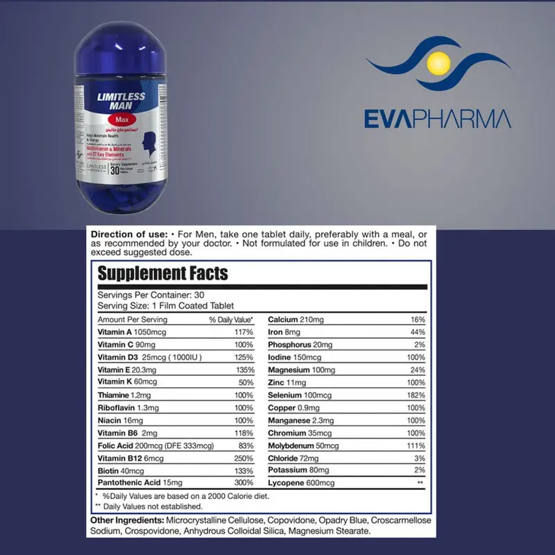 Eva Pharma Limitless Man Max Multivitamin & Minerals for Men – 30 Tablets