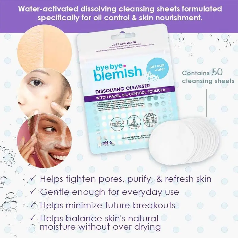 Bye Bye Blemish Dissolving Cleanser Sheets 50's