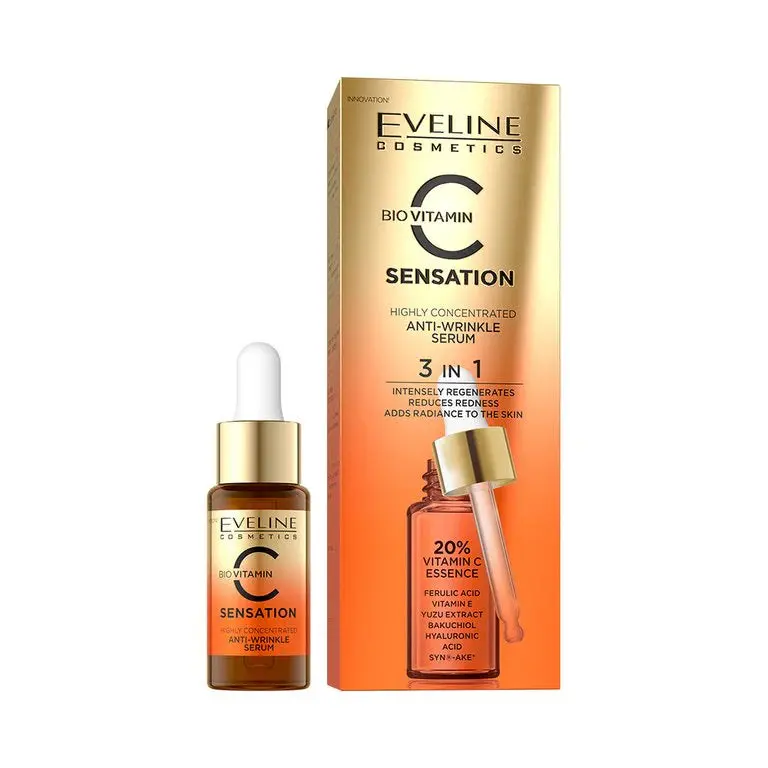EVELINE COSMETICS Sensation C Face Serum Anti-Wrinkle- 3 In 1 (Intensely Regenerates- Reduces Redness- Adds Radiance To The Skin) - Hydration And Moisturization - Antioxidant Protection 18ml